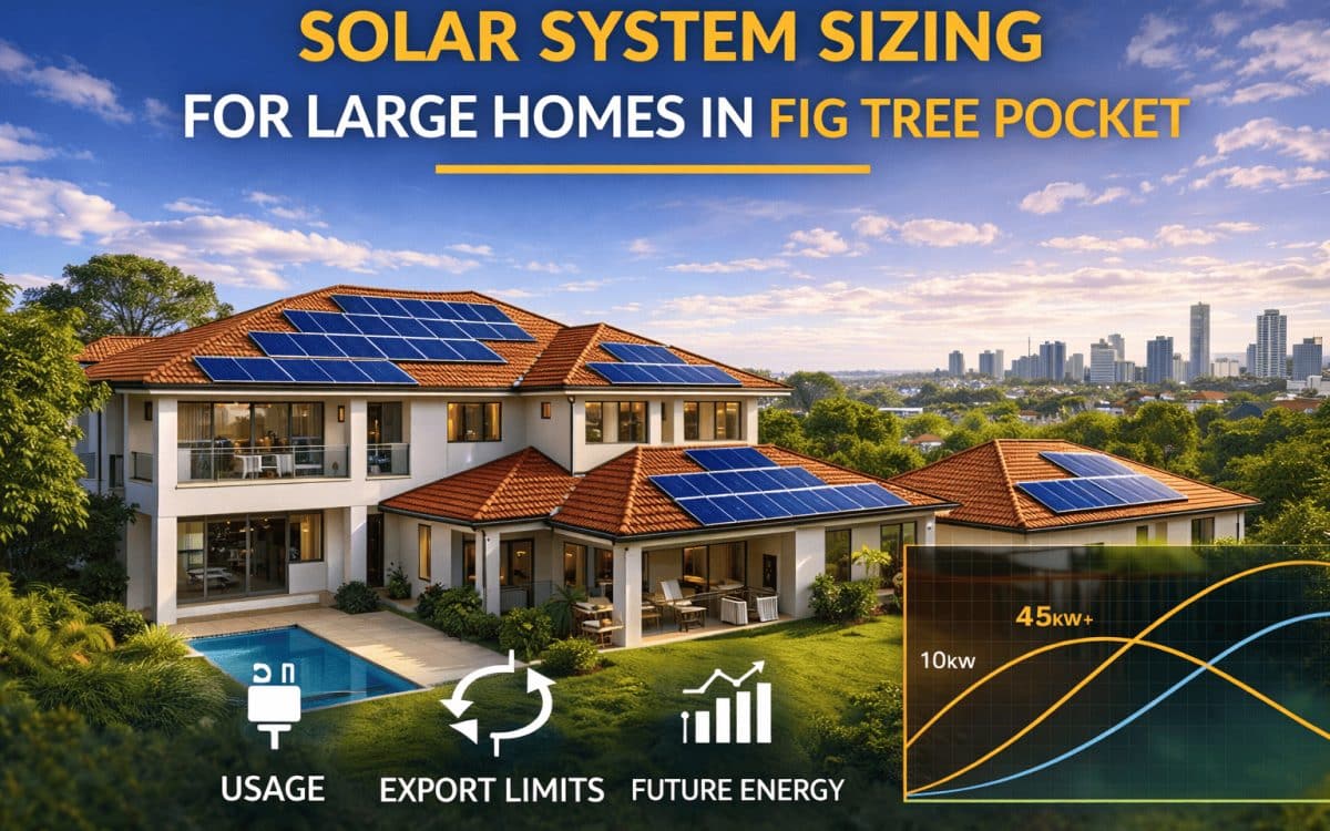 Large homes in Fig Tree Pocket with rooftop solar panels illustrating solar system sizing for high energy households